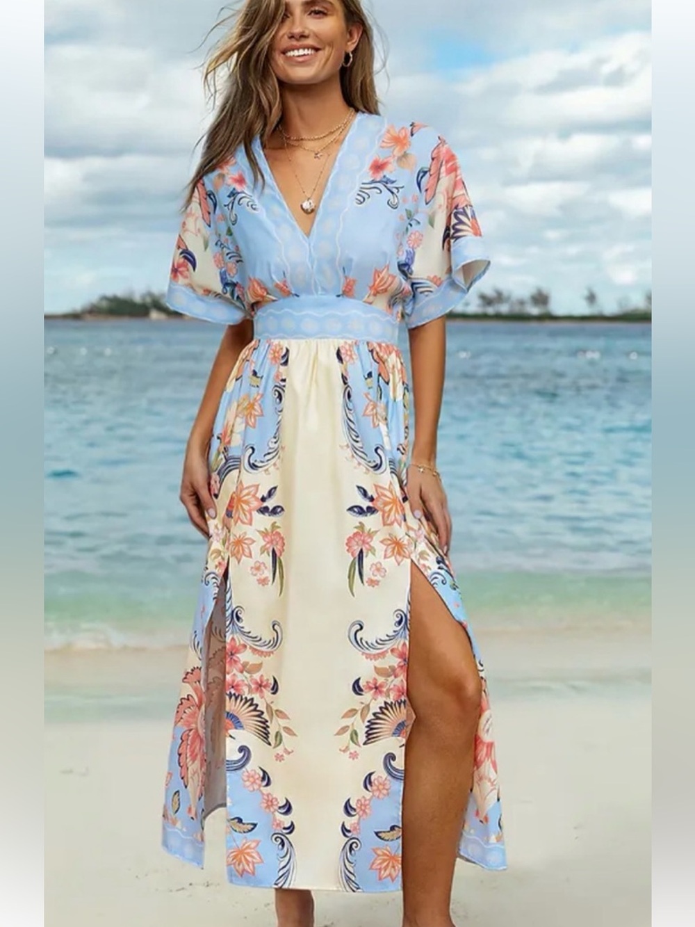 Cupshe Blue and Cream Floral Maxi Dress